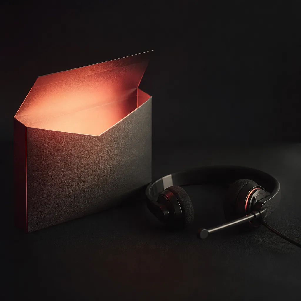 Auriculares de estudio sobre una superficie oscura con luz roja tenue