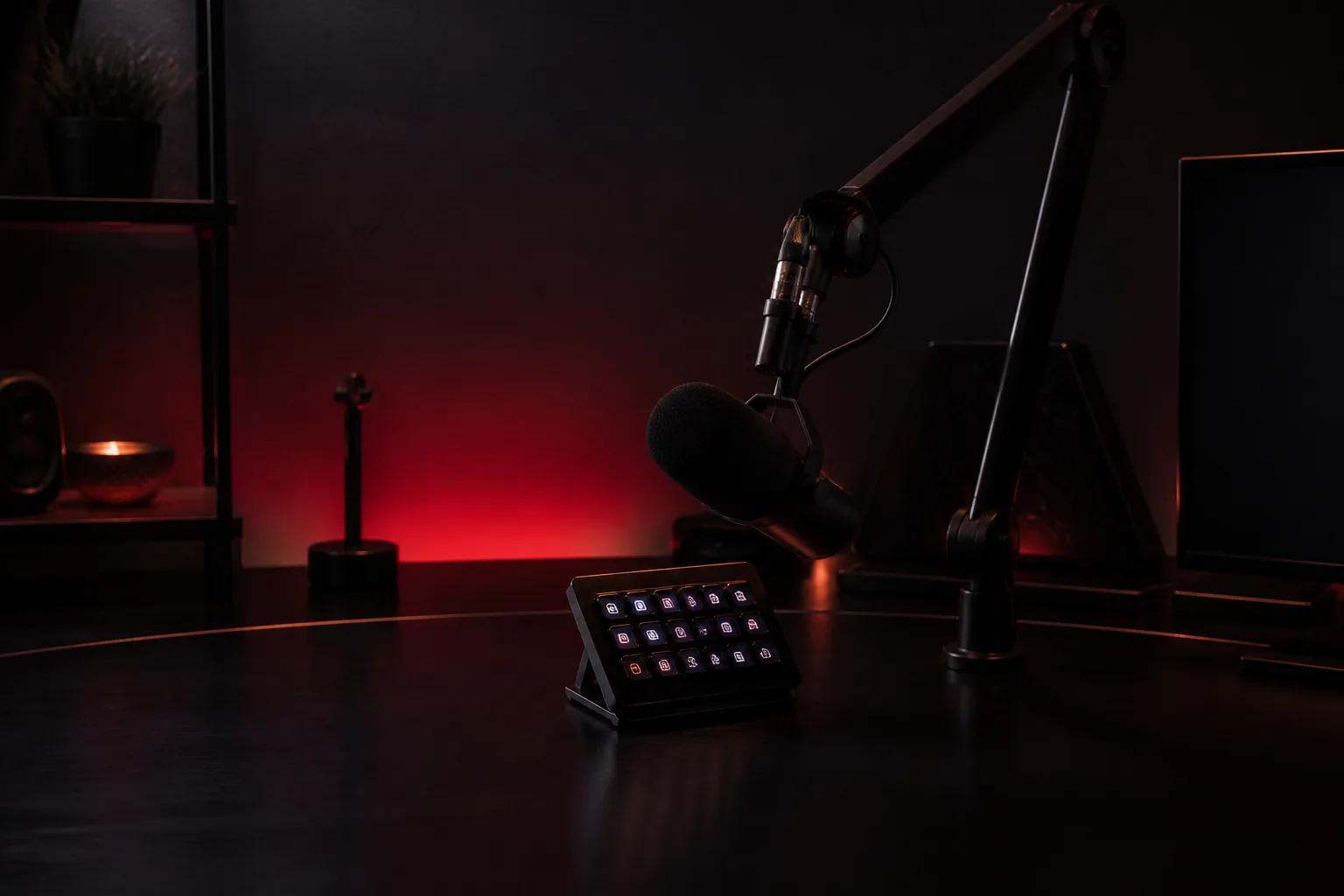 Espacio de trabajo de streaming con brazo de micrófono y control de escena